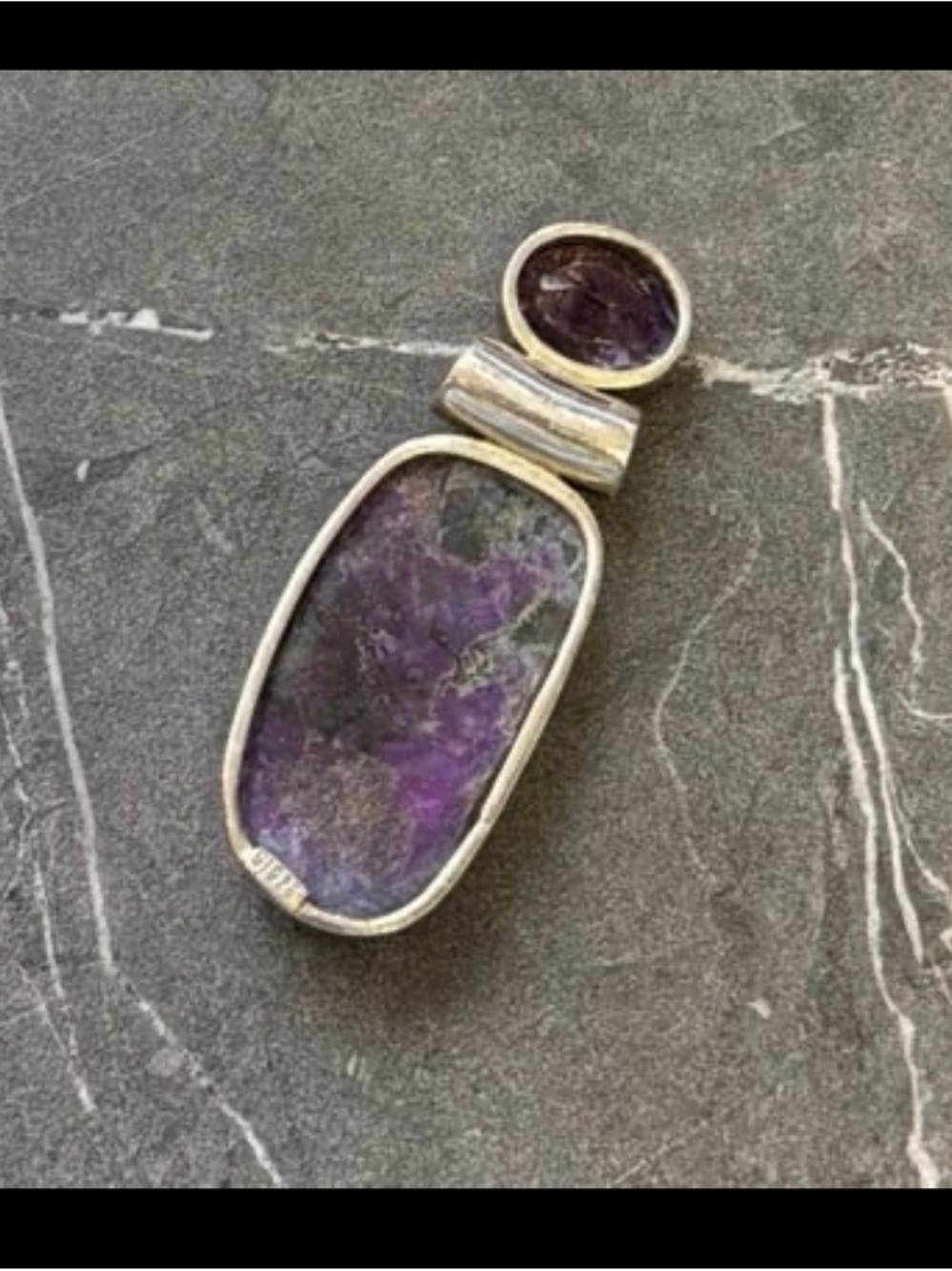 Sterling Silver Pendant Featuring an Oval Charoite Stone Paired with Amethyst - Picture 3 of 4